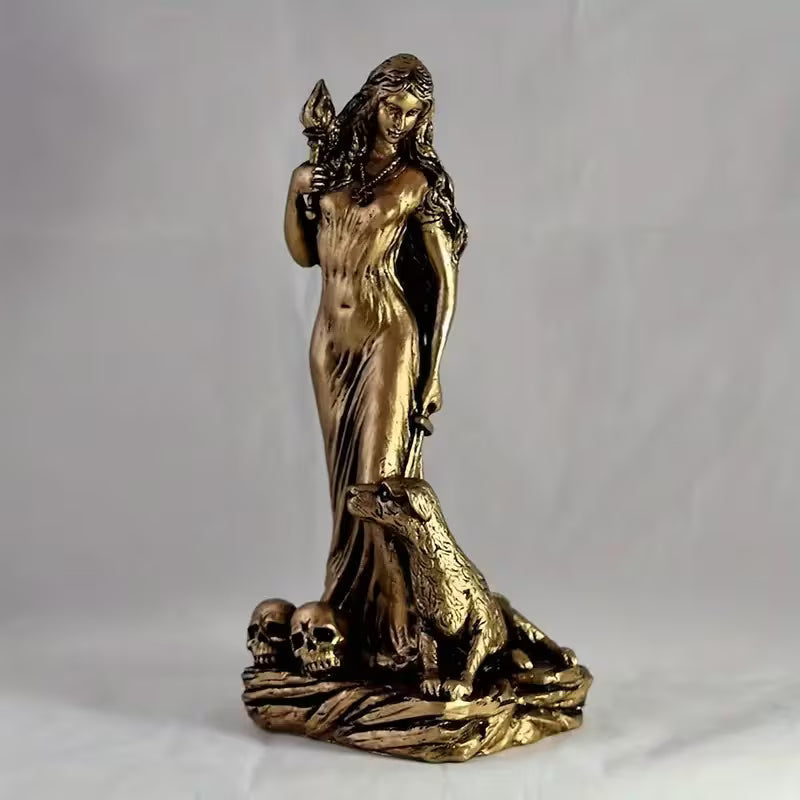 Statue Goddess Hecate w/Dogs Gold Resin